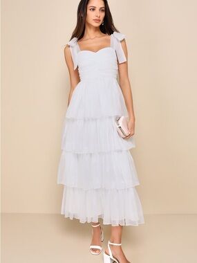 Lulu's White Tiered Chiffon Maxi Dress with Tie Shoulder